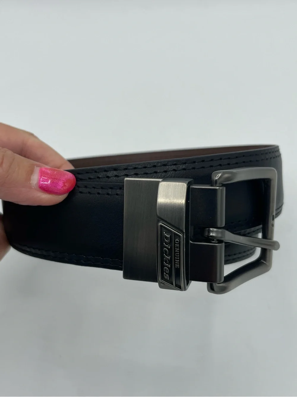 Dickies Black Leather Belt with Silver Tone Metal Buckle.